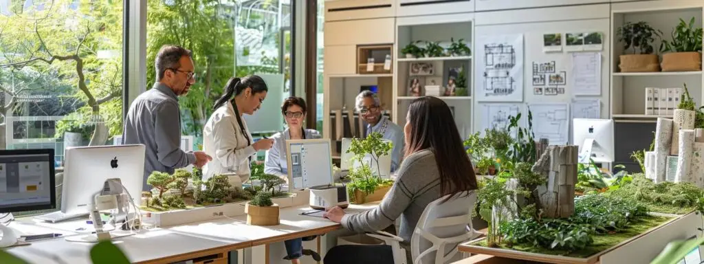 a dynamic office setting showcases a team of professionals collaborating around a detailed landscape design blueprint, featuring digital models and materials that illustrate a sustainable and visually engaging outdoor project.