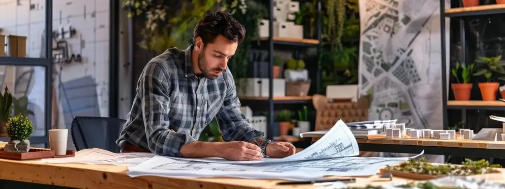 a professional landscape designer intensely reviews detailed blueprints in a modern office, surrounded by vibrant samples and design materials, showcasing the complex coordination required for intricate landscaping projects.