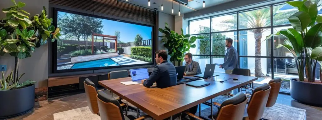 a sleek, modern office conference room features a professional landscape designer presenting a vibrant digital portfolio on a large screen, showcasing stunning outdoor project transformations to a captivated client.