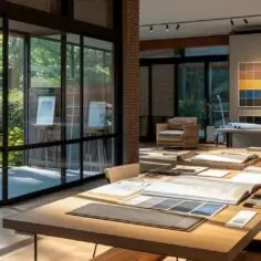 a sophisticated landscape designer's studio showcases an array of vibrant color swatches, detailed blueprints, and stunning digital renderings of outdoor spaces, illuminated by sleek, modern lighting that reflects a creative and professional atmosphere.