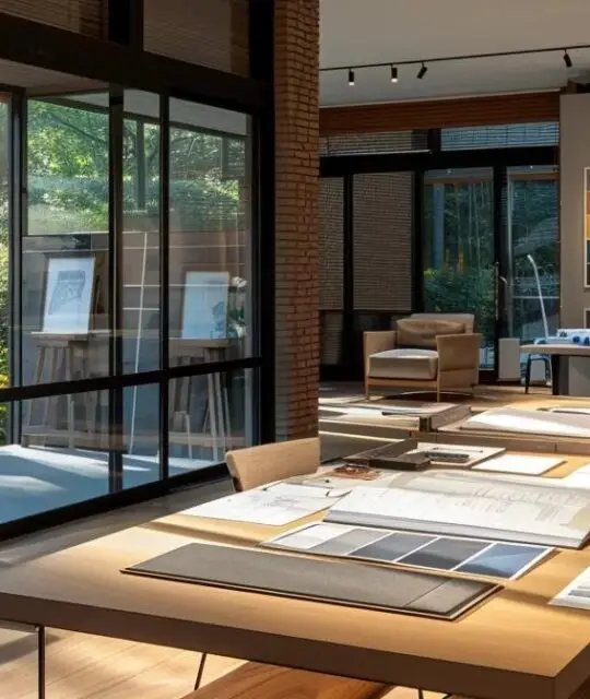 a sophisticated landscape designer's studio showcases an array of vibrant color swatches, detailed blueprints, and stunning digital renderings of outdoor spaces, illuminated by sleek, modern lighting that reflects a creative and professional atmosphere.