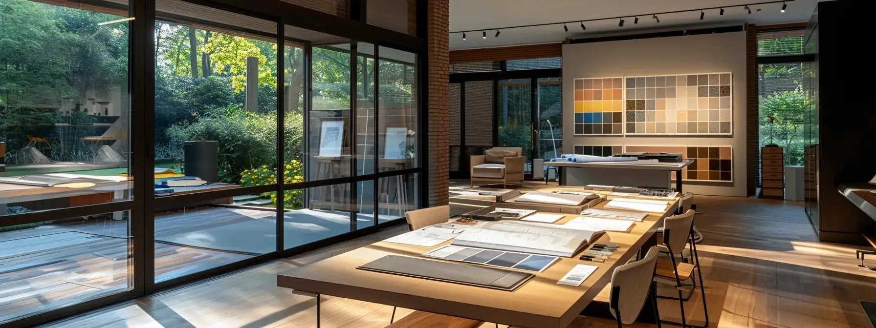 a sophisticated landscape designer's studio showcases an array of vibrant color swatches, detailed blueprints, and stunning digital renderings of outdoor spaces, illuminated by sleek, modern lighting that reflects a creative and professional atmosphere.